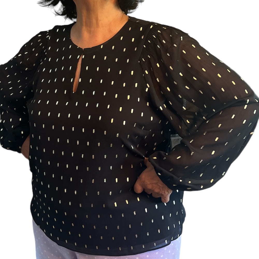 Nine West Women’s Smocked-Shoulder Long Sleeve Blouse black with gold pr…